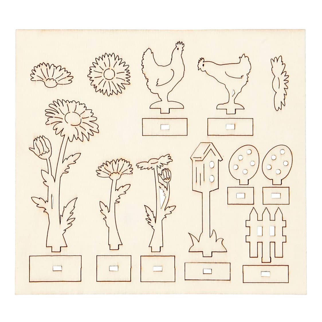 DIY Houten Figuren Kippen, Eieren en Bloemen