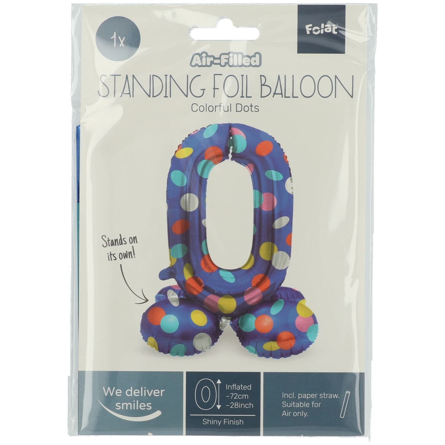 Staande Folieballon Colorful Dots Cijfer 0 - 72cm